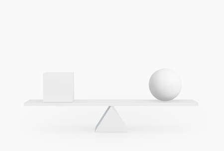 Round shape and square shape balancing on plank board isolated on white. Symmetry and balance concept. 3d rendering with clipping path.の写真素材