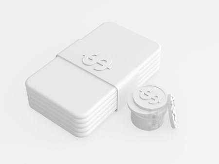 Abstract 3d money dollar cash symbol isolated on white. White dollar bills and coin. 3d rendering.の写真素材