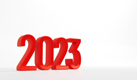 Happy new year 2023 text. Red text of 2023 on white background. 3d rendering illustration.の写真素材
