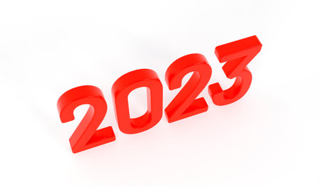 Happy new year 2023 text. Red text of 2023 on white background. 3d rendering illustration.の写真素材