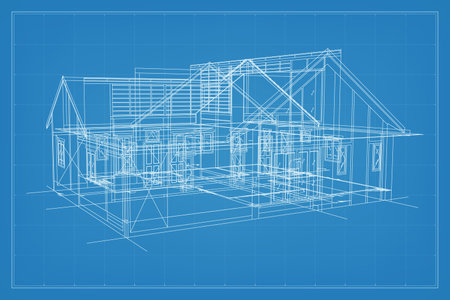3D render of building wireframe structure. Perspective wireframe of house exterior. Abstract construction graphic idea. Vector illustration.のイラスト素材