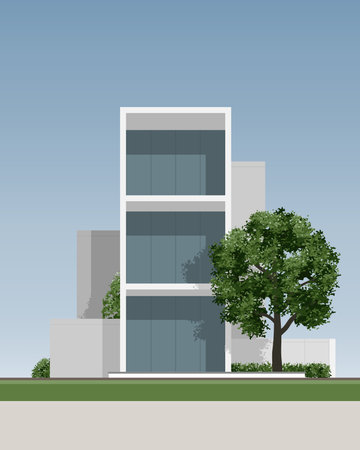 Abstract 3D building. Vector house exterior in minimal style with green tree. Architecture schematic design concept for construction. Vector.のイラスト素材