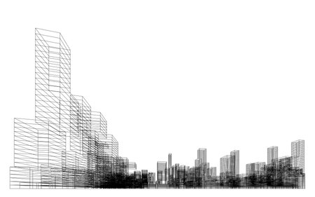 3D wireframe perspective of building. Abstract wireframe city background for template design. Illustration.の写真素材