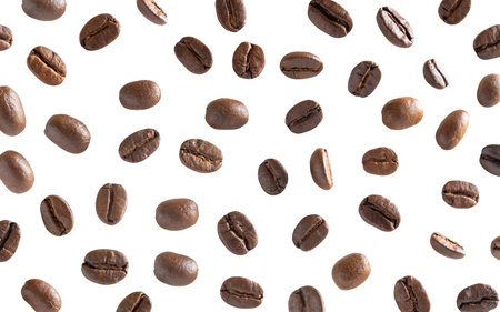 Roasted coffee beans. Scattered coffee beans on a white background with clipping paths. Close up.の写真素材