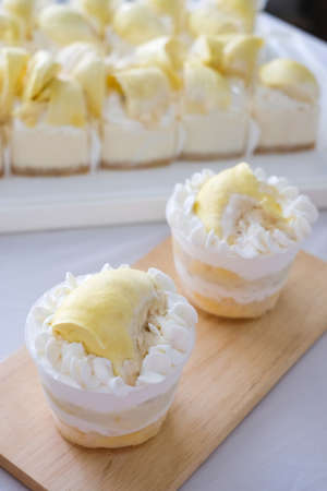 Durian cake with fresh durian. Homemade bakery concept.の写真素材