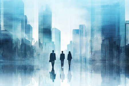 Silhouettes of Business People with the city,Double exposure style.Created with Generative AI technologyの素材