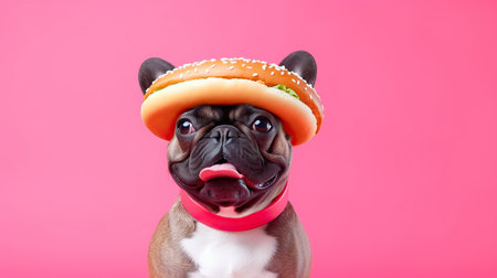 Cute and funny French Bulldog with hamburger hat on isolated background.animal summer holiday concept.Created with Generative AI technologyの素材