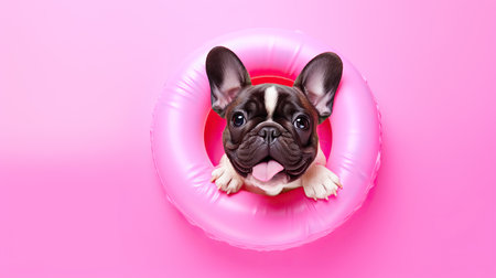 Cute and funny French Bulldog with rubber ring on isolated background.animal summer holiday concept.Created with Generative AI technologyの素材