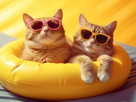 Cute and funny cats in trendy yellow sunglasses sleep in a rubber ring on isolated a pastel background with a copy space.animal summer holiday concept.Created with Generative AI technologyの素材