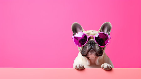 Cute and funny French Bulldog in trendy sunglass on isolated background.animal summer holiday concept.Created with Generative AI technologyの素材