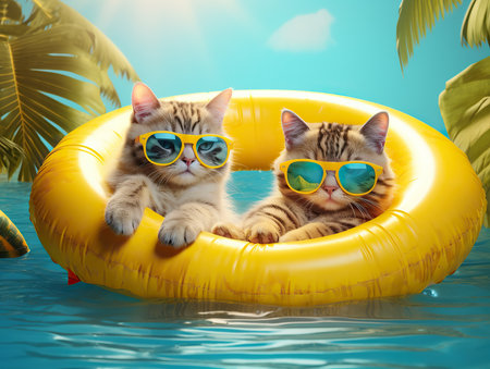 Cute and funny cats in trendy yellow sunglasses sleep in a rubber ring on isolated a pastel background with a copy space.animal summer holiday concept.Created with Generative AI technologyの素材