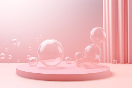 Minimal pink product podium with soap bubbles.Minimal background for products,cosmetic presentation.Created with Generative AI technologyの素材