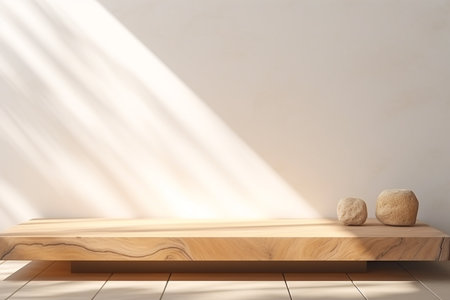 Close up of Empty minimal natural wooden table counter podium with stone white wall .Minimal background for products presentation.Created with Generative AI technologyの素材