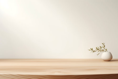 Close up of Empty minimal natural wooden table counter podium with stone white wall .Minimal background for products presentation.Created with Generative AI technologyの素材