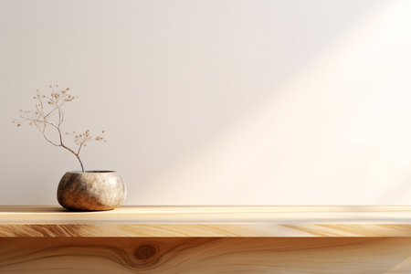 Close up of Empty minimal natural wooden table counter podium with stone white wall .Minimal background for products presentation.Created with Generative AI technologyの素材