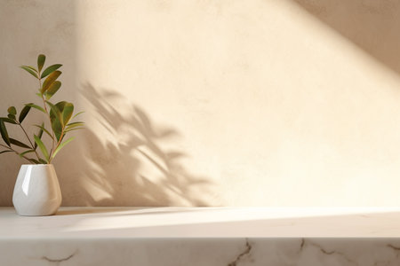 Close up of Empty white marble table counter podium with stone white wall .Minimal background for products presentation.Created with Generative AI technologyの素材