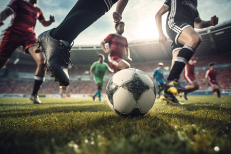 Close up of many soccer players kicking a football on a field,competition scene.Created with Generative AI technology