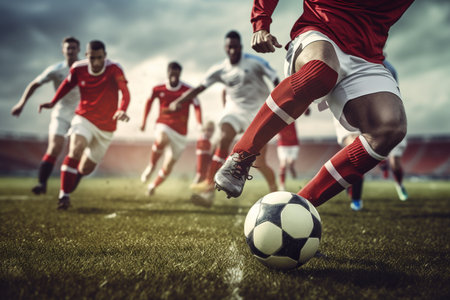 Close up of many soccer players kicking a football on a field,competition scene.Created with Generative AI technologyの素材