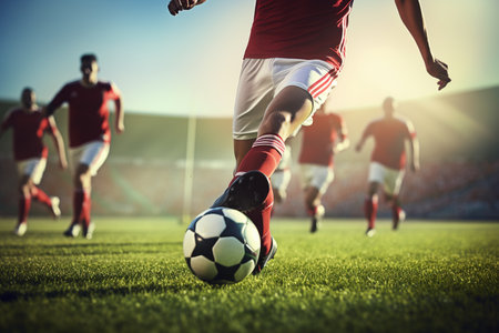 Close up of many soccer players kicking a football on a field,competition scene.Created with Generative AI technologyの素材
