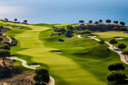 Beautiful golf course with sand bunkers with blue sky. Created with Generative AI technology.の素材