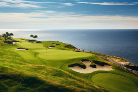 Beautiful golf course with sand bunkers with blue sky. Created with Generative AI technology.の素材