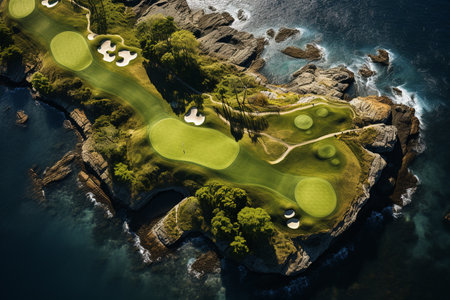 Beautiful golf course with sand bunkers with blue sky. Created with Generative AI technology.の素材