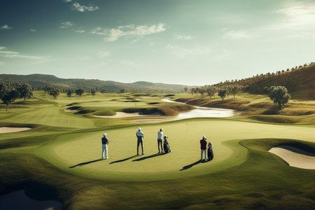 Golf player playing a golf game with beautiful golf course. Created with Generative AI technology.の素材