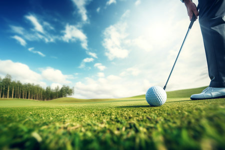 Golf player playing a golf game with beautiful golf course. Created with Generative AI technology.の素材