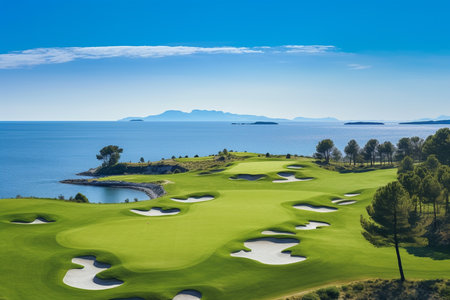 Beautiful golf course with sand bunkers with blue sky. Created with Generative AI technology.の素材
