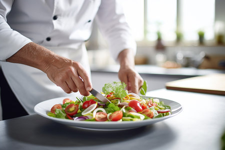 Chef is preparing a plate vegetables salad.Health food concept.Created with Generative AI technology.の素材