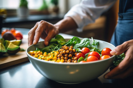 Chef is preparing a plate vegetables salad.Health food concept.Created with Generative AI technology.の素材