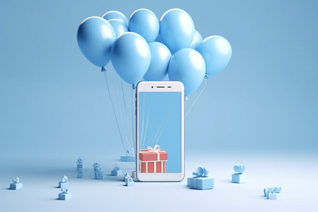 3d generated gift  with smartphone and blue ballon.online shopping and black friday concept.Created with Generative AI technology.の素材