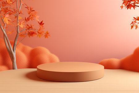 3D podium products display background with autumn leaves,mushrooms,animal on the left with copy space.Minimal background for products presentation.Created with Generative AI technologyの素材