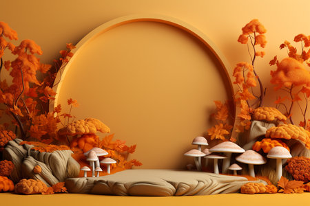 3D podium products display background with autumn leaves,mushrooms,animal on the left with copy space.Minimal background for products presentation.Created with Generative AI technologyの素材