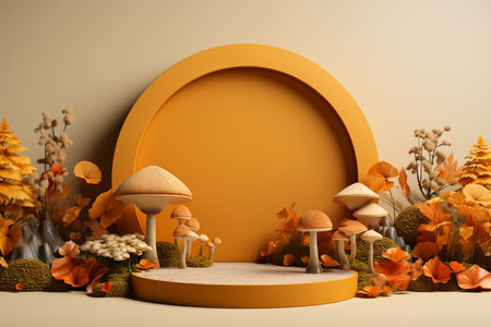 3D podium products display background with autumn leaves,mushrooms,animal on the left with copy space.Minimal background for products presentation.Created with Generative AI technologyの素材