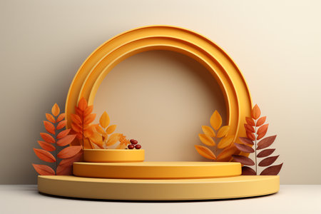 3D podium products display background with autumn leaves,mushrooms,animal on the left with copy space.Minimal background for products presentation.Created with Generative AI technologyの素材