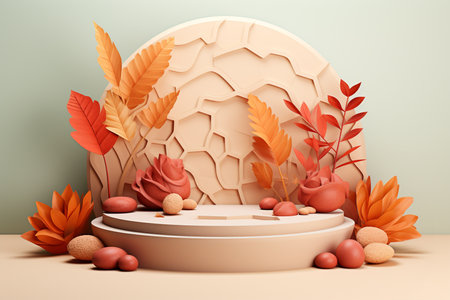 3D podium products display background with autumn leaves,mushrooms,animal on the left with copy space.Minimal background for products presentation.Created with Generative AI technologyの素材
