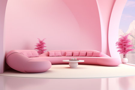 Futurism pink living room with copy with sofa and plants space in the future.Created with Generative AI technology.の素材