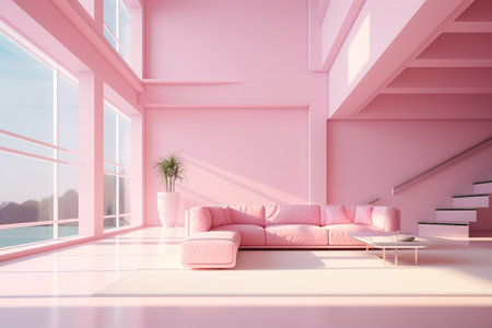 Futurism pink living room with copy with sofa and plants space in the future.Created with Generative AI technology.の素材