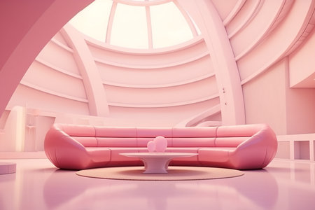 Futurism pink living room with copy with sofa and plants space in the future.Created with Generative AI technology.の素材