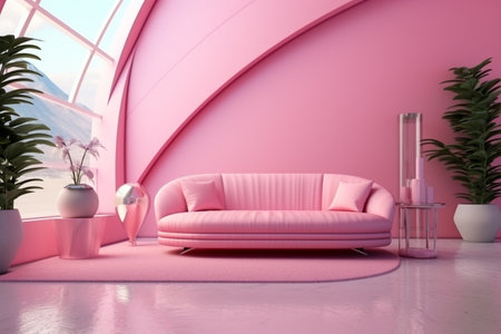 Futurism pink living room with copy with sofa and plants space in the future.Created with Generative AI technology.の素材