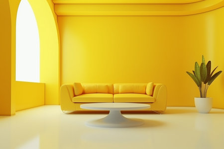 Futurism yellow living room with copy with sofa and plants space in the future.Created with Generative AI technology.の素材