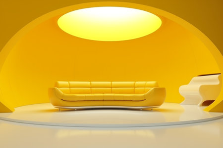 Futurism yellow living room with copy with sofa and plants space in the future.Created with Generative AI technology.の素材