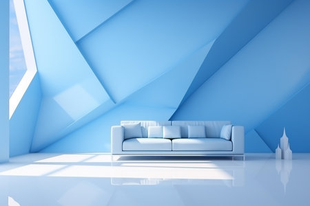 Futurism blue living room with copy with sofa and plants space in the future.Created with Generative AI technology.の素材