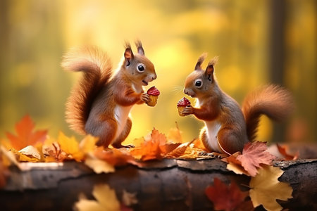 Cute squirrel in the autumn forest with autumn leaves.
Created with Generative AI technology.の素材