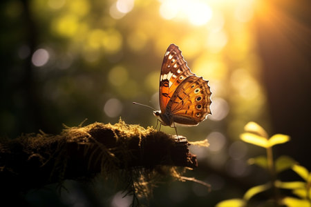 Macro photography, butterflies in the flowers with morning light with copy space.Created with Generative AI technology.の素材