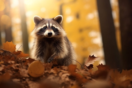 Cute Raccoon in the autumn forest with autumn leaves.Created with Generative AI technology.の素材