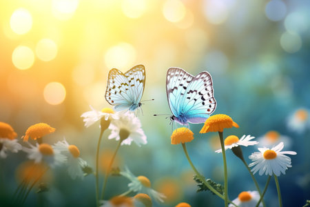 Macro photography, butterflies in the flowers with morning light with copy space.Created with Generative AI technology.の素材