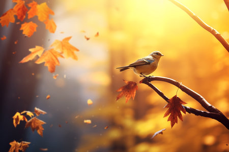 Cute bird in the autumn forest with autumn leaves.Created with Generative AI technology.の素材