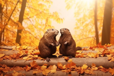 Cute groundhogs in the autumn forest with autumn leaves.Created with Generative AI technology.の素材